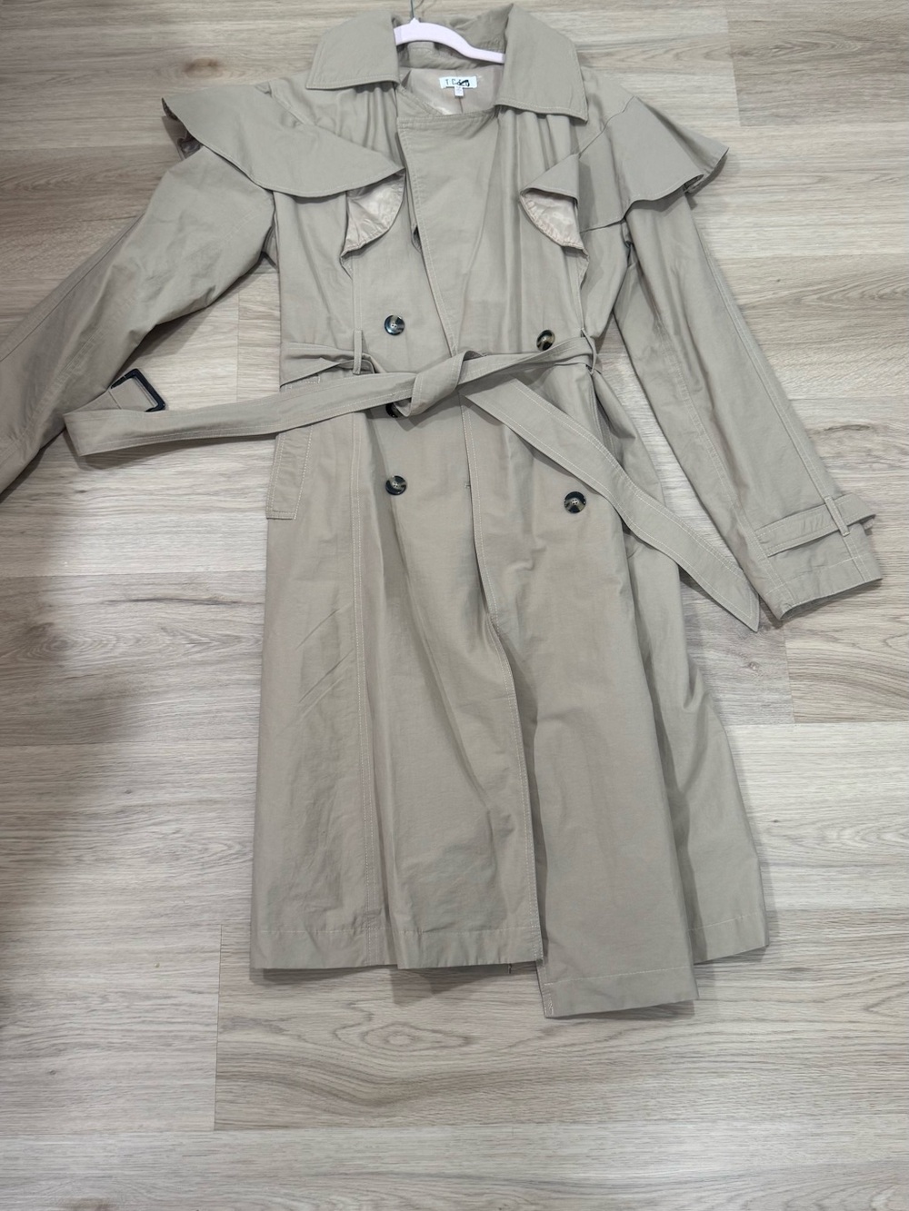TCEC Beige Double-Breasted Trench Coat with Waist Tie